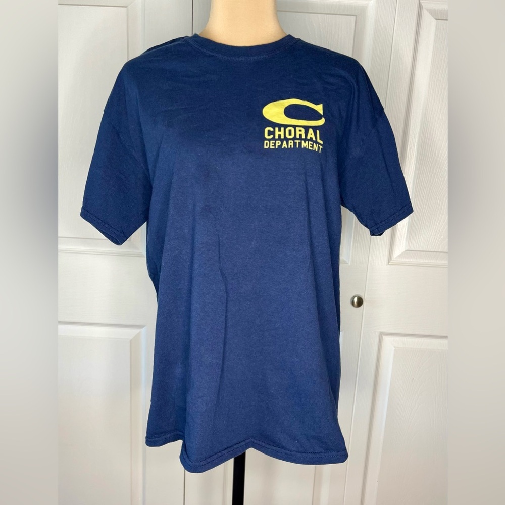 Gildan Navy Blue Tee with Yellow Logo, “ music Frees Me”. unisex